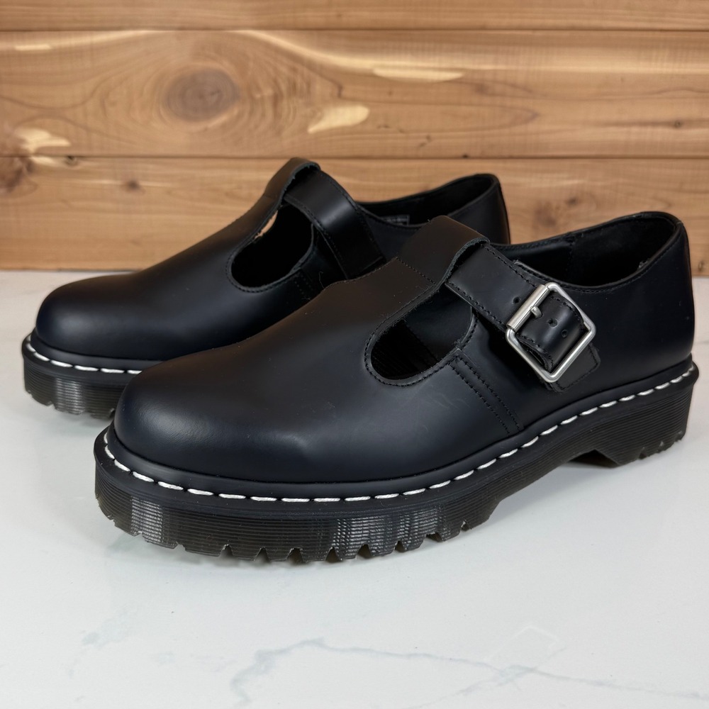 Dr. Martens Polley Bex Black Leather Mary Jane White Stitch Shoes US 11L 10M - Picture 2 of 16
